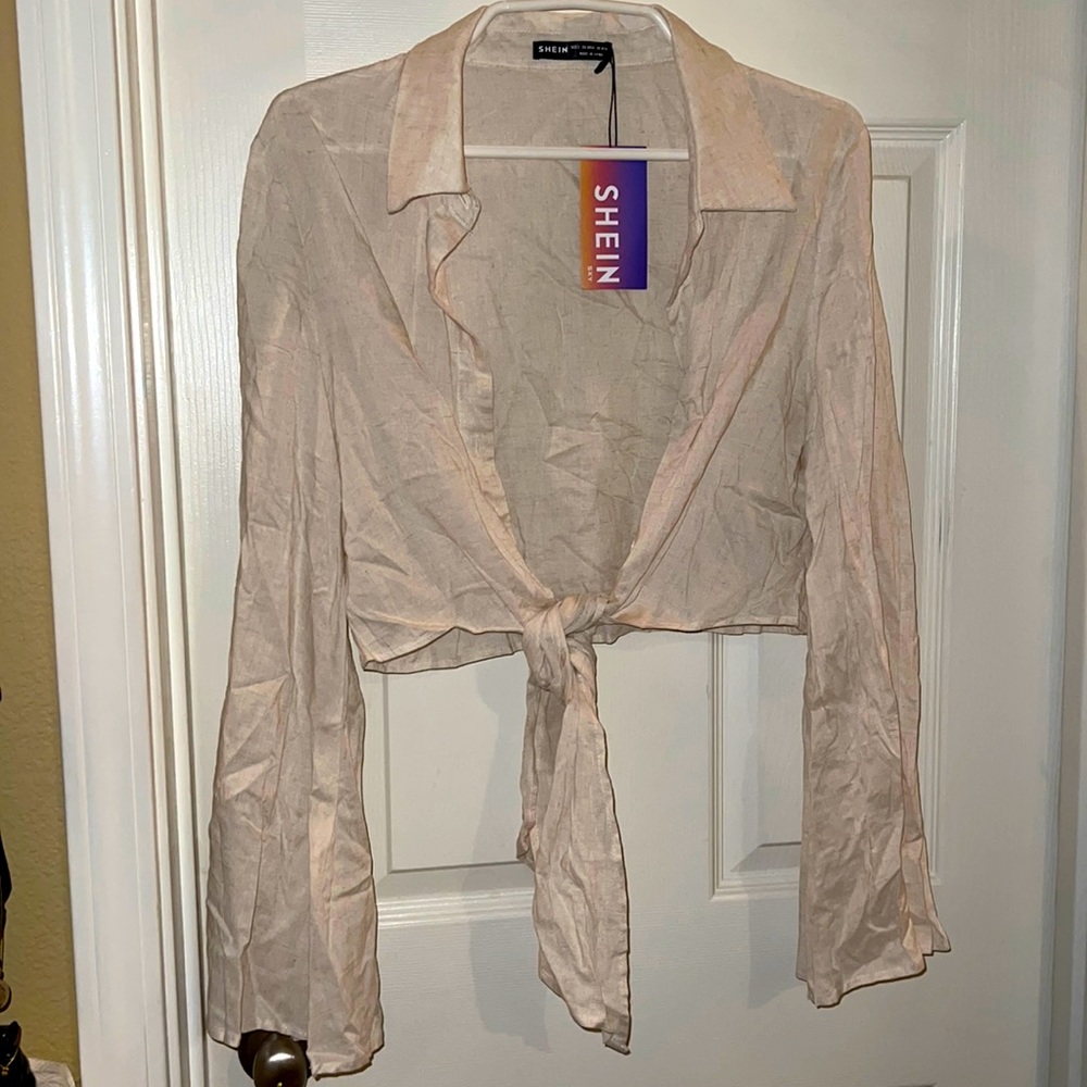 Shein off white crop tie blouse